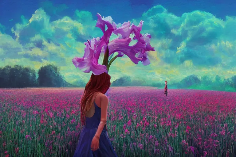 Image similar to giant gladiola head, girl walking in field of flowers, surreal photography, sunrise, blue sky, dramatic light, impressionist painting, digital painting, artstation, simon stalenhag