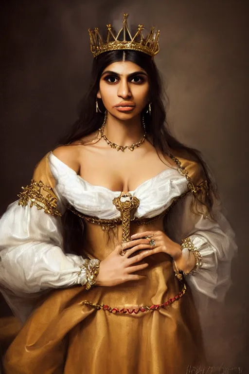 Prompt: Gorgeous full-body renaissance portrait of Mia Khalifa as a queen of fantasy kingdom with Crown of thorns on his head, front view, gold, artstation, very beautiful, luxurious, impressive, soft light, by Anthony van Dyck and Daniel Gerhartz