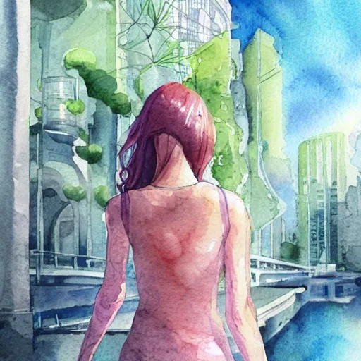 Prompt: Woman in a beautiful happy picturesque charming sci-fi city in harmony with nature. Beautiful light. Water and plants. Nice colour scheme, soft warm colour. Beautiful detailed watercolor by Lurid. (2022)