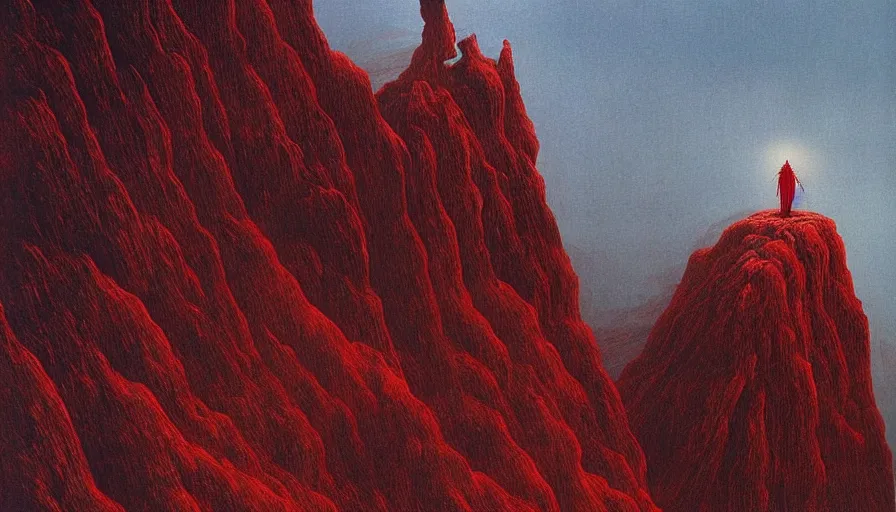 Image similar to landscape artwork of veiled red skeletal angel climbing over a mountain, artwork by zdzislaw beksinski