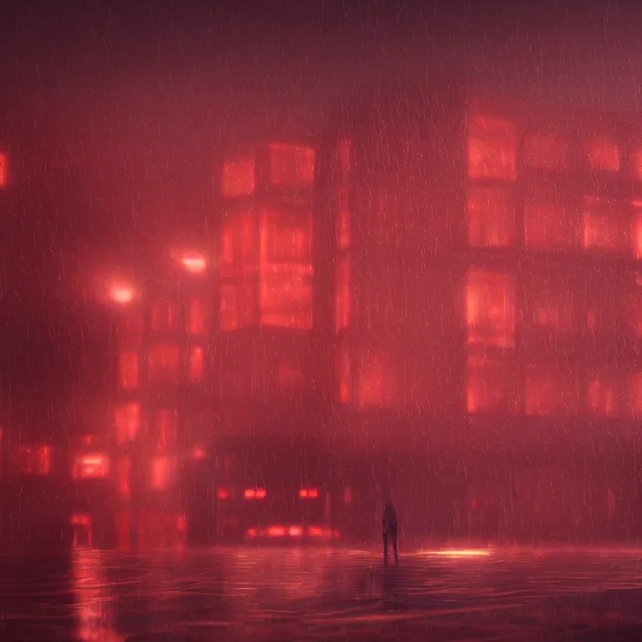 Image similar to a person enveloped in red silk cloth that blows in the wind stands in a dytopian highly detailed city at night, with volumetric lights in the distance and heavy rain falling. atmospheric light, rendering, octane, redshift, artstation