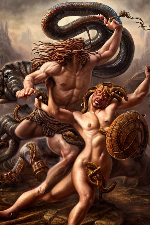 Prompt: minotaur vs medusa gorgon, realistic, detailed, highly detailed, hyper detailed, high definition, extremely detailed oil painting, beautiful composition, trending on artstation, award - winning photograph, masterpiece, intricate, portrait, 8 k highly professionally detailed, hdr, cgsociety