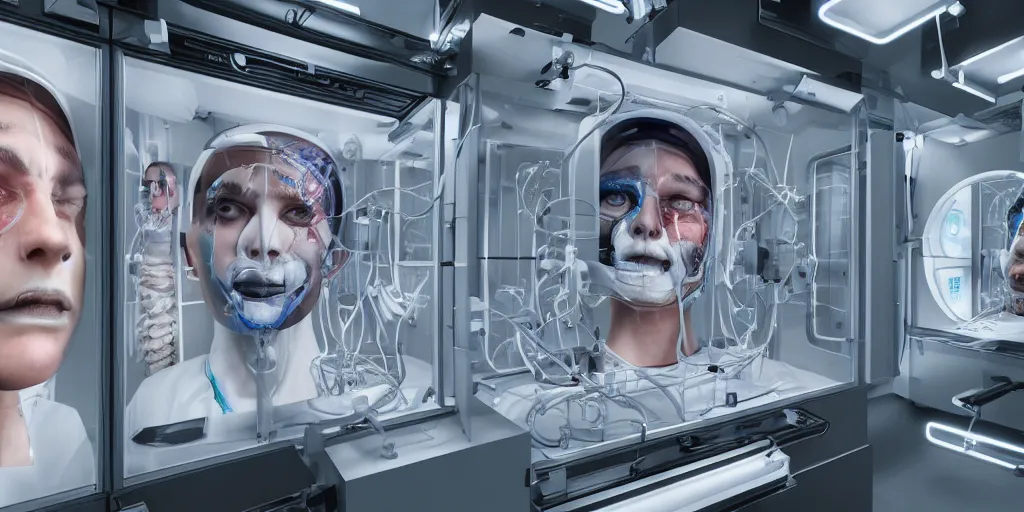 Image similar to a of a face transplant in an incubator full of tubes operating room with robotic surgeons , photorealistic,by Wlop,4k resolution