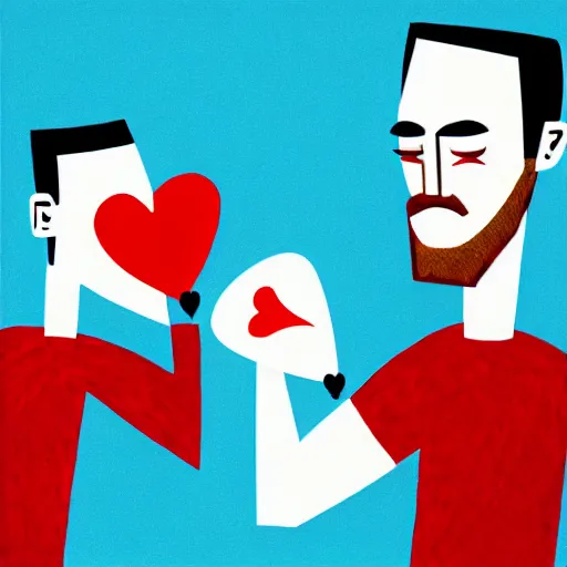 Prompt: two beautiful chad men drinking beer, red hearts, white heart, friendship, love, sadness, dark ambiance, concept by Godfrey Blow, featured on deviantart, drawing, sots art, lyco art, artwork, photoillustration, poster art
