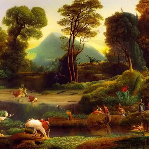Prompt: A beautiful land art of a landscape. It is a stylized and colorful view of an idyllic, dreamlike world with rolling hills, peaceful looking animals, and a flowing river. The scene looks like it could be from another planet, or perhaps a fairy tale. close-up by Augustus Edwin Mulready unified, doom