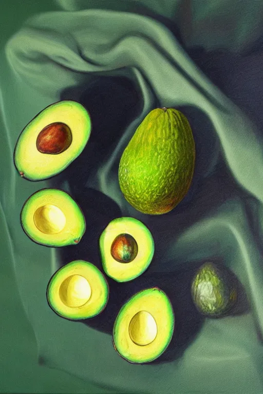 Image similar to A beautiful still life oil painting of Avocados lying on a silk cloth, fog, volumetric lighting, summer, hyperrealistic, colorful, hyperdetailed.