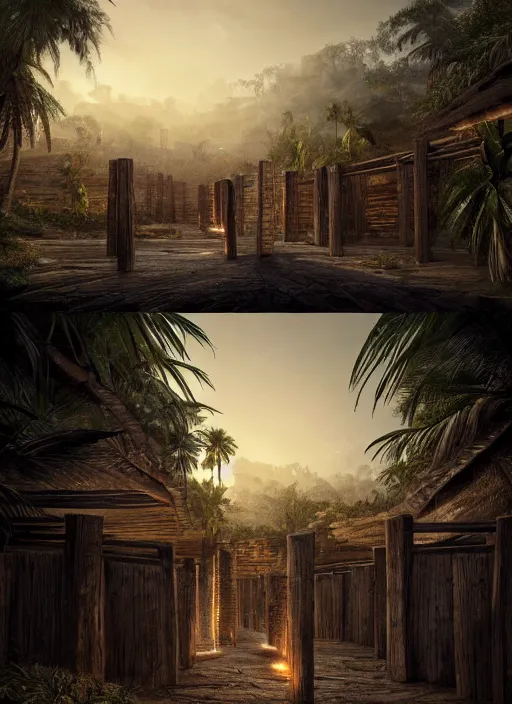 Image similar to wooden palisade wall on a tropical island kit by torches in a Storm night, intricate Details, raphael lacoste, eddie mendoza, alex ross, concept art, matte painting, highly detailed, rule of thirds, dynamic lighting, cinematic, detailed, denoised, centerd, clean render