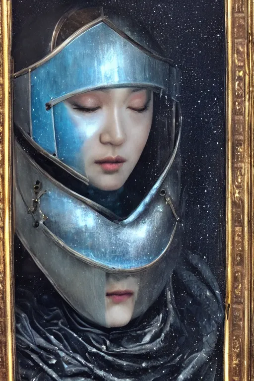 Image similar to hyperrealism oil painting, close-up portrait of medieval fashion model, knight, steel gradient mixed with nebula sky, in style of baroque mixed with 70s japan book art