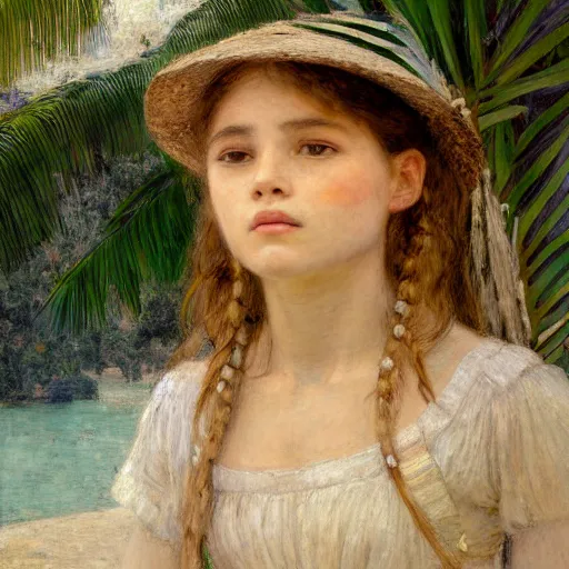 Prompt: a ultradetailed beautiful painting of a girl in the amazonas palace balustrade designed by jules bastien - lepage, hans belmer, frank weston and gustave baumann, beach, trending on artstation, mediterranean, palm trees, detailed face, sharp focus, soft light, 8 k 4 k