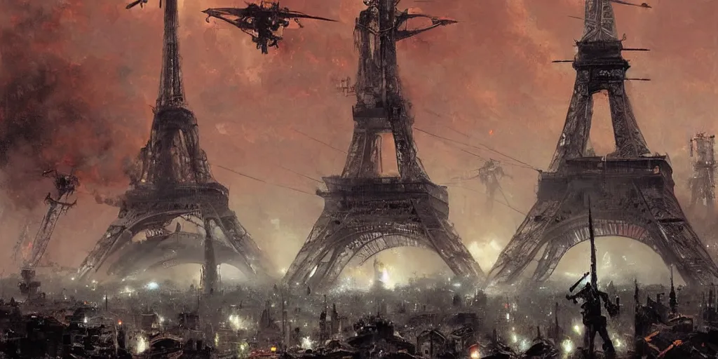 Image similar to war of the worlds, giant mech attack paris, human soldiers, eiffel tower! intense fighting, glowing lights!! digital painting, very detailed, art by jakub rozalski