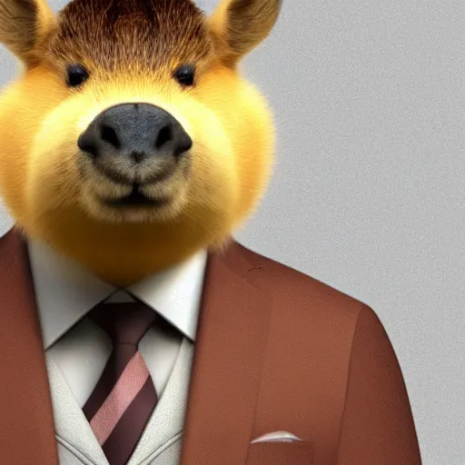 Prompt: a high detail photo of an antropomorphic capybara wearing a suit, subject= duck, subject detail: wearing a suit, photorealism