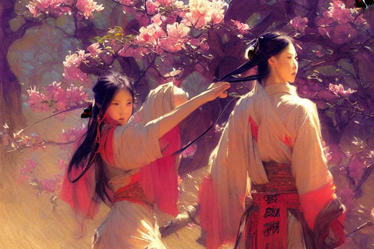 Image similar to wuxia, spring, neon light, painting by gaston bussiere, craig mullins, j. c. leyendecker