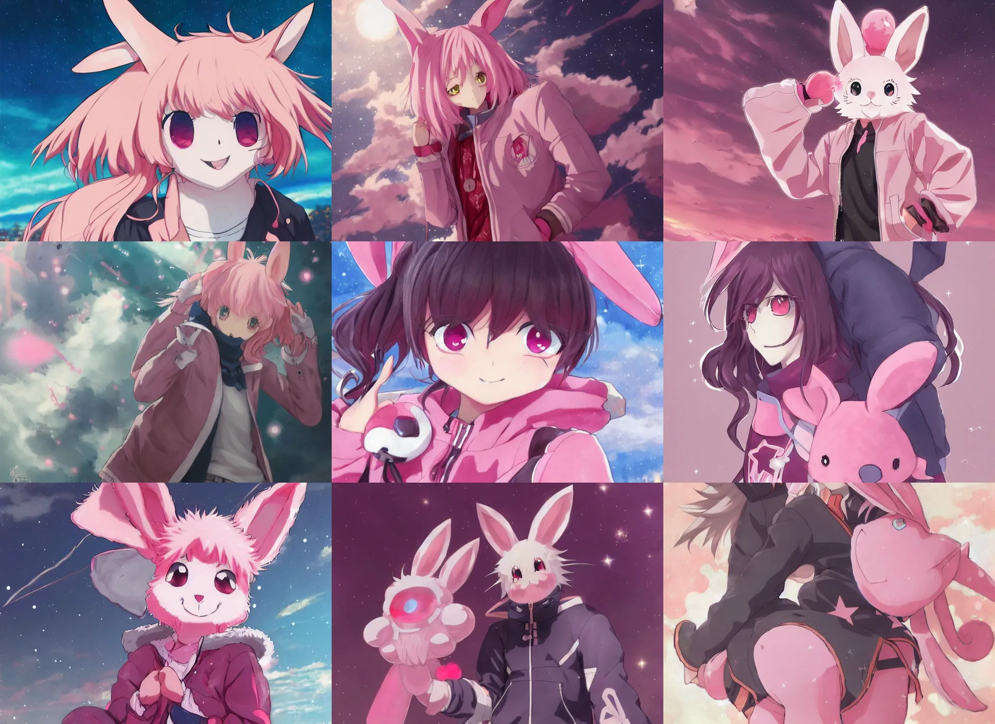 Prompt: official artwork of an anime pink rabbit wearing a letterman jacket, by Krenz Cushart, detailed art, many stars in the night sky, pink iconic character, 獣, yokai, wallpaper