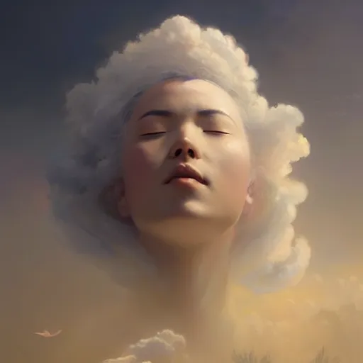 Prompt: a beautiful portrait of a cloud goddess with closed eyes, several birds flying in the clouds, by Greg Rutkowski and Raymond Swanland, Trending on Artstation, ultra realistic digital art