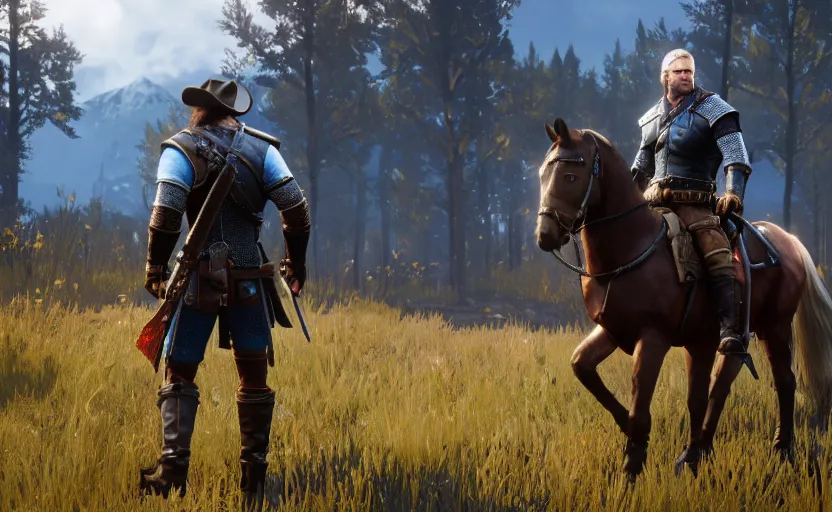 Image similar to screenshot of arthur morgan in the witcher 3,