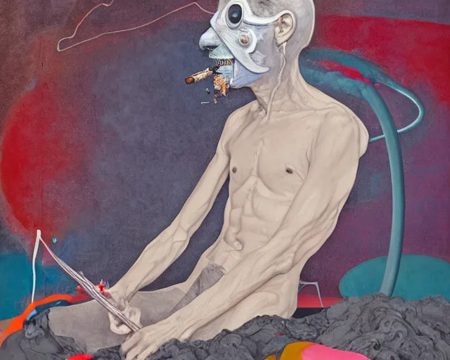 Image similar to portrait of a transforming masked actor sitting on a stalagmite looking into a tablet smoking vape by james jean and luc tuymans and beeple and hernan bas and pat steir and hilma af klint, psychological, 3 d, dripping paint, high quality render, masterpiece