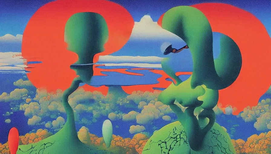 Image similar to Japan travel and tourism c2050, surrealist psychedelic painting in the style of Oxygene, Magritte, Roger Dean, Yoshio Awazu, vivid color