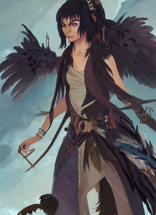 Image similar to concept art painting of a harpy pathfinder strix with black feathers, androgynous, pirate clothes, detailed, realistic, cel shaded, in the style of makoto shinkai and james gurney and alphonse mucha and greg rutkowski and artgerm