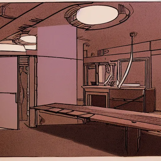 Prompt: an illustration of a brown basement by moebius