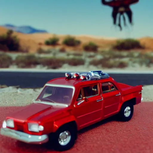 Prompt: 3 5 mm photo of metallic red aztek car like hot wheels model in area 5 1 as background, epic cinematic