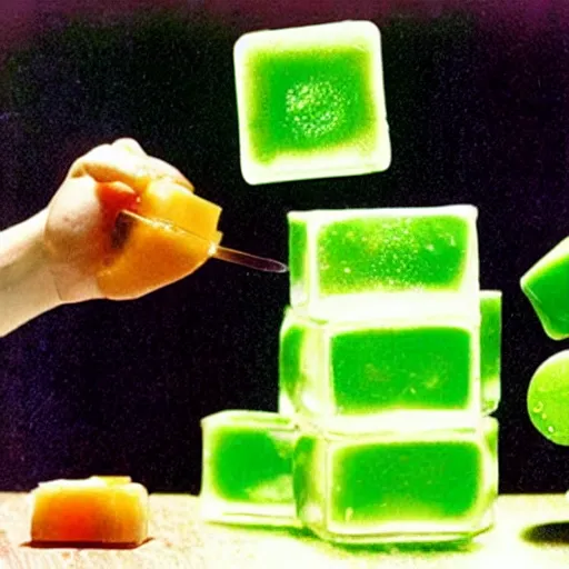 Prompt: gelatinous cubes being processed into magic items with the juice made from their bodies, d & d, industry magazine photo