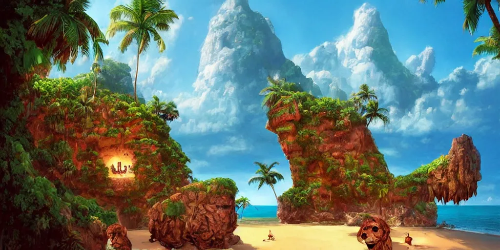 Image similar to ”mysterious caribbean island with a huge carved cliff that resembles a primitive monkey’s head with a mouth as an entrance to a cave inside, [palm trees, beach, wide angle, side view, cinematic, monkey island, art by wlop and paul lehr]”