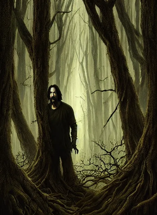 Image similar to highly detailed horror movie poster with angry creepy keanu reeves as a tree, keanu reeves faces in the bark of many trees sentient leafy catastrophe by greg rutkowski, masterpiece, really funny, 1 0 / 1 0 creepy