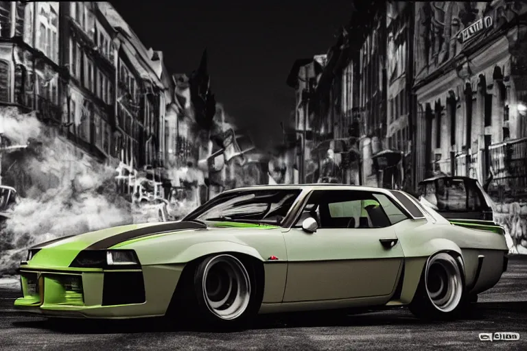 Image similar to widebody audi camaro b 1 ( 1 9 6 9 ), need for speed : carbon, at night, sci - fi, neon lines, lviv historic centre, phonk music background, smoke behind wheels, noise, dark, establishing shot, by simon stalenhag