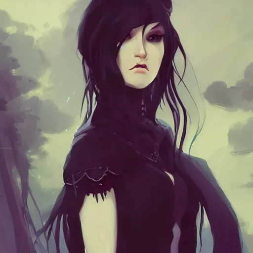 Image similar to female human vampire witch in the style of greg rutkowski, makoto shinkai, trending on artstation, character design, concept art, pretty face, highly detailed, long black hair, portrait, digital art