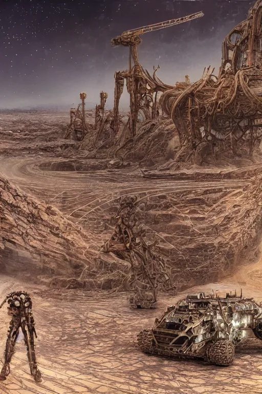 Prompt: industrial minning entrance in a quarry in the middle of the desert of Mars planet at night dust storm concept art by yoshitaka amano and H.R. Giger, intricate detail, 8k, featured art