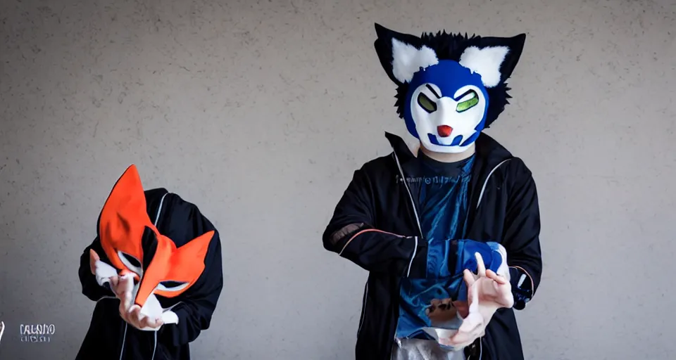 Prompt: Haikyuu Tendou Satori wearing mirrors-edge style clothes and a blue kitsune mask. DSLR Camera with a large sensor. Soft lighting and shadows. F/2.8 or f/4. ISO 1600. Shutter speed 1/60 sec. Lightroom.