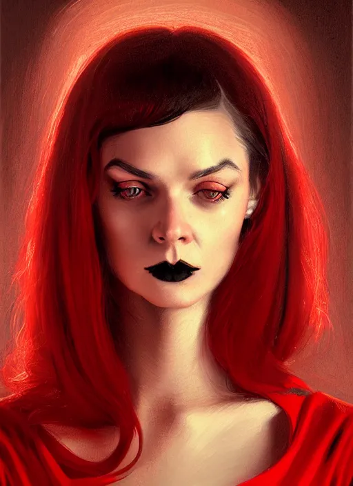 Image similar to portrait of a woman with a crooked nose and a confident expression, 1 9 6 0 s, long hair, red clothes, goth, intricate, elegant, glowing lights, highly detailed, digital painting, artstation, concept art, smooth, sharp focus, illustration, art by wlop, mars ravelo and greg rutkowski