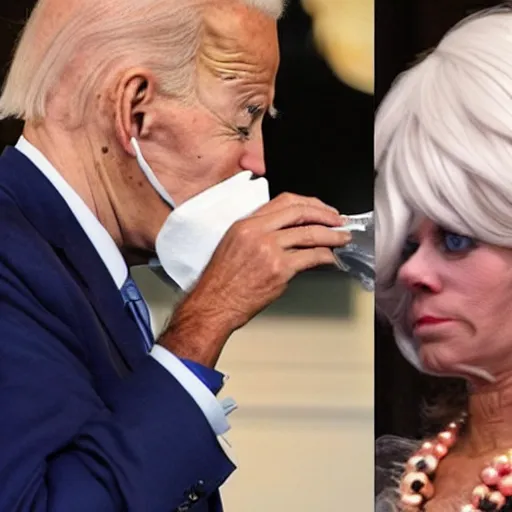 Prompt: joe biden dressed as a woman wearing a wig and sniffing his own hair