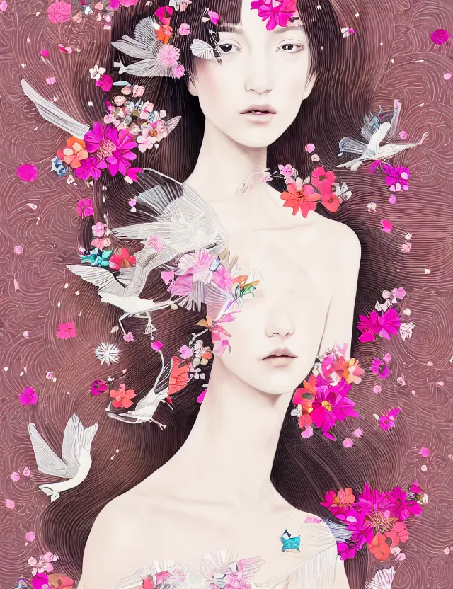 Image similar to fashionable illustration of a beautiful girl in a transparent dress, medium shot at eye level, delicate floral ornaments on fabric and hair, bright small birds, elegant, eiko ishioka, givenchy, peter murbacher, in the center, beautiful colors, origami, fashion, detailed, playful, dreamy, fashionable, japanese, real character creator, dynamic lighting