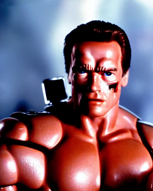 Image similar to arnold schwarzenegger as a damaged t - 1 0 0 terminator, one red robotic eye, photo