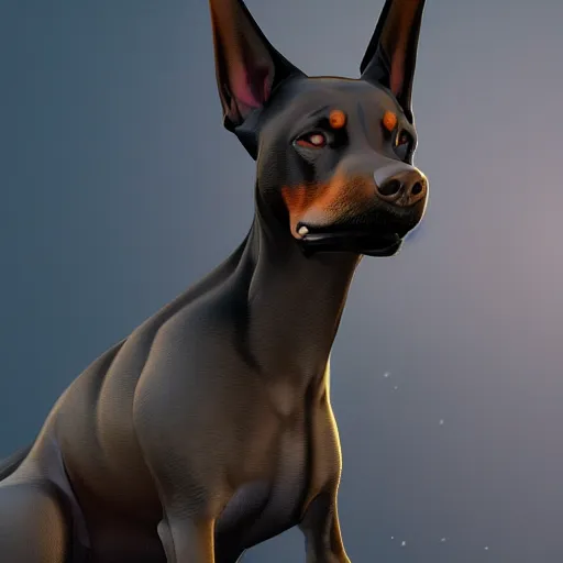 Prompt: portrait of an antropomorphic doberman creature, black hair, human body, angry look, ready for battle, masterpiece, mattepainting concept blizzard pixar maya engine on cold night stylized background splash comics global illumination lighting artstation by samwise didier