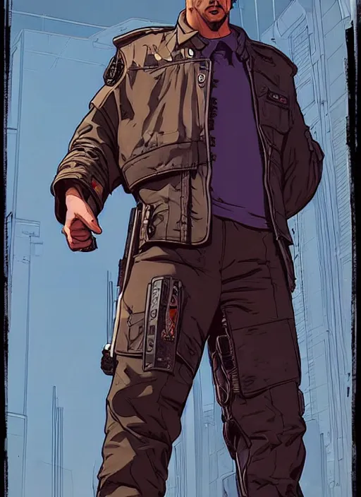 Image similar to cyberpunk prison guard. portrait by mœbius and will eisner and gil elvgren and pixar. realistic proportions. cyberpunk 2 0 7 7, apex, blade runner 2 0 4 9 concept art. cel shading. attractive face. thick lines.