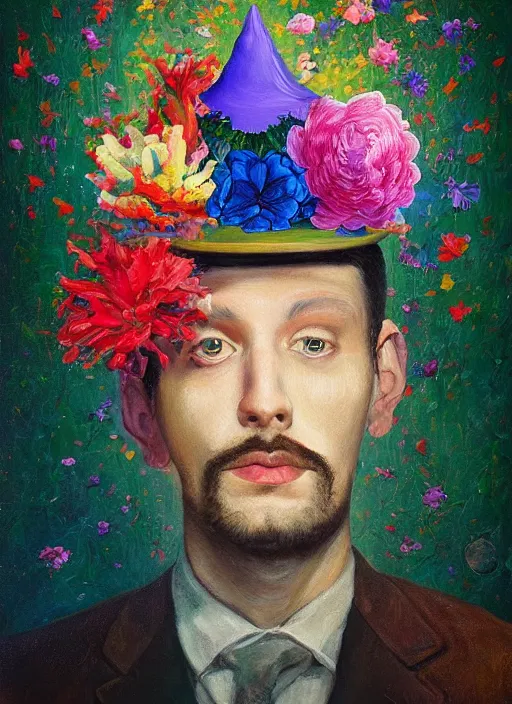 Image similar to a painting of a man with a strange hat on his head, a surrealist painting by Szymon Kot, behance contest winner, metaphysical painting, made of flowers, oil on canvas, detailed painting