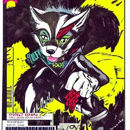 Image similar to 1 9 8 0 s comic book cover scan featuring a portrait of villain male wolf o'donnell anthropomorphic wolf furry fursona from starfox wearing a dark space mercenary uniform, dark grey wolf, handsome eyes, wolf o'donnell