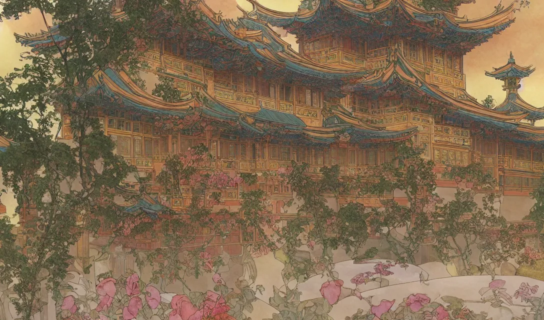 Prompt: a beautiful illustration of a gorgeous symmertrical chinese palace, by alfons mucha, theo prince and studio ghibli, trending on artstation, 8 k