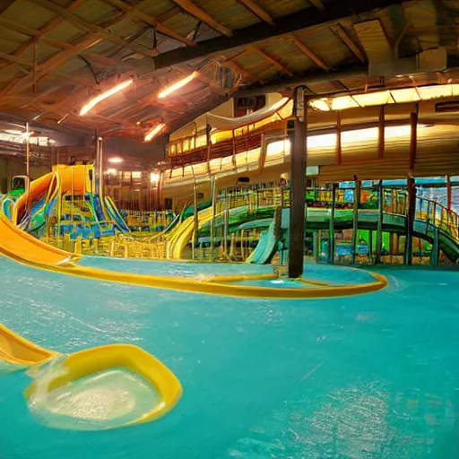 Image similar to empty indoor children's water park with water slides, night time, hazy, dream - like