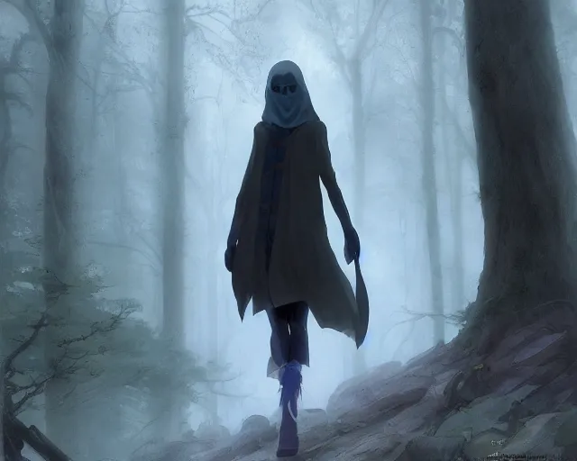 Image similar to a cloaked adventurer in foggy, ghostly woods. Dangerous, foggy, cloudy, mysterious, ominous, threatening, adventurous, ghostly. By Makoto Shinkai, Stanley Artgerm Lau, WLOP, Rossdraws, James Jean, Andrei Riabovitchev, Marc Simonetti, krenz cushart, Sakimichan, trending on ArtStation, digital art.