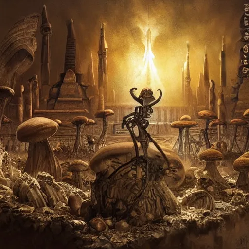 Prompt: “skeleton come to life, raggedy clothes, depraved smile, Egyptian motifs, nuclear bomb going off in background creating a mushroom cloud, D&D, fantasy, intricate, cinematic lighting, highly detailed, digital painting, artstation, concept art, smooth, sharp focus, illustration, art by Artgerm and Greg Rutkowski and Alphonse Mucha”