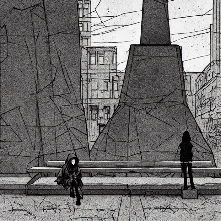 Prompt: sadie sink in hoodie sits on bench in ruined square, pedestrians walk by, old soviet monument. storyboard, scifi cyberpunk. by gabriel hardman, joe alves, chris bonura. cinematic atmosphere, detailed and intricate, perfect anatomy