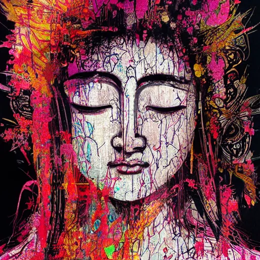 Image similar to contented female bodhisattva, praying meditating, portrait illustration by Carne Griffiths