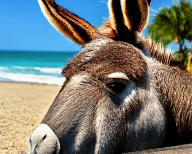 Image similar to realistic photo of a donkey sunbathing at the beach