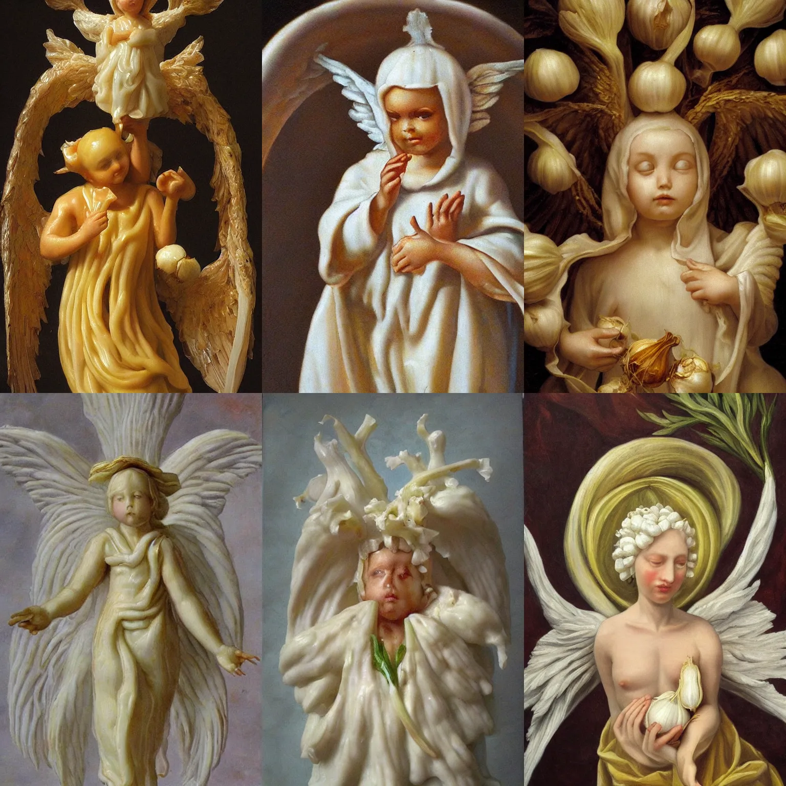 Prompt: garlic angel, baroque painting, heavenly spirit of garlic, surrounding cloves of garlic and onions, face of garlic