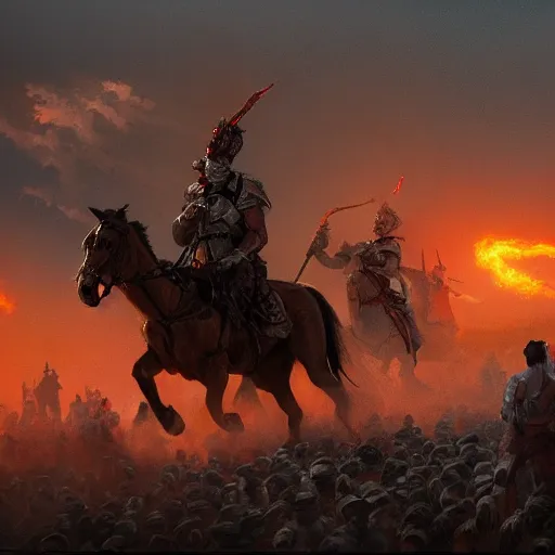 Image similar to the battle of the little bighorn terminator judgement day. trending on artstation, 4 k, oil on canvas, artstation, dramatic warm color, dramatic lighting, fantasy, epic, ultra detailed.