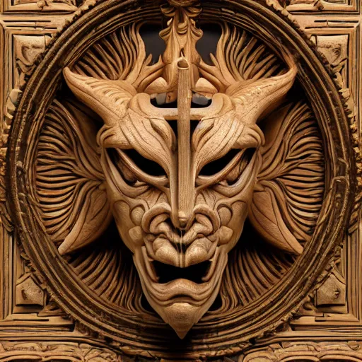 Prompt: beautiful ceremonial bilaterally symmetrical wooden demon mask, classical ornamental entail design, fibonacci flow, acroteria, encarpus, emblem, large medium and small elements, by russ abbott, albrecht durer, artgerm, rutkowski, trending on artstation, rendered in octane, 8 k