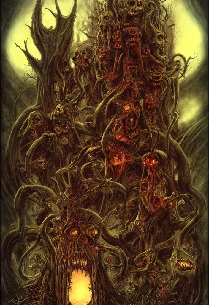 Image similar to an eerie uncanny hell with strange eerie magical scary creatures, horror, concept art, detailed, award - winning, by guillermo del toro, by brian froud